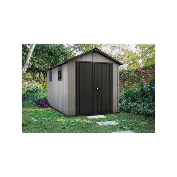 Abri de jardin 10m² en résine gris brossé + plancher Abri jardin résine rangement bois