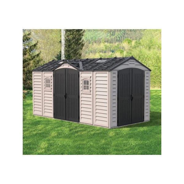 Abri de jardin 11,94m² en PVC Gris et anthracite + Kit de Fondation Abri PVC avec 2 puits de lumière