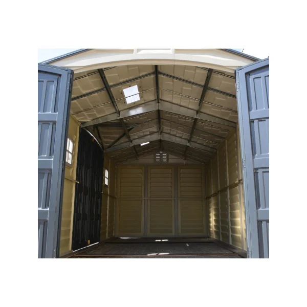 Abri de jardin 11,94m² en PVC Gris et anthracite + Kit de Fondation Abri PVC avec 2 puits de lumière