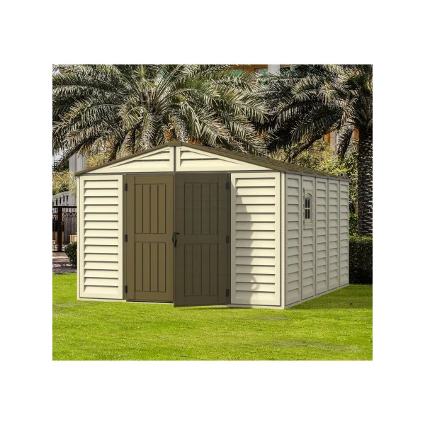 Abri de jardin 13,10m² en PVC Ivoire et Marron + Kit de Fondation Abri PVC