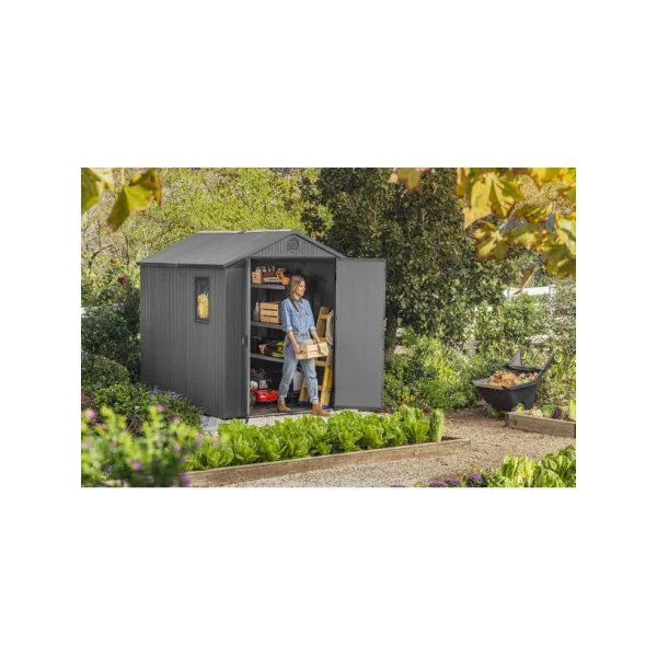 Abri de jardin 4m² en résine gris + plancher Abri jardin résine rangement bois outillage de jardin