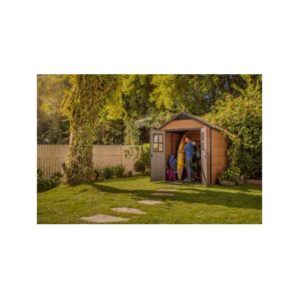 Abri de jardin 6m² en résine couleur bois + plancher Abri jardin résine rangement bois