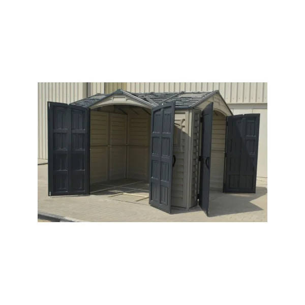 Abri de jardin 8,04m² en PVC Gris et anthracite + Kit de Fondation Abri PVC avec 2 puits de lumière