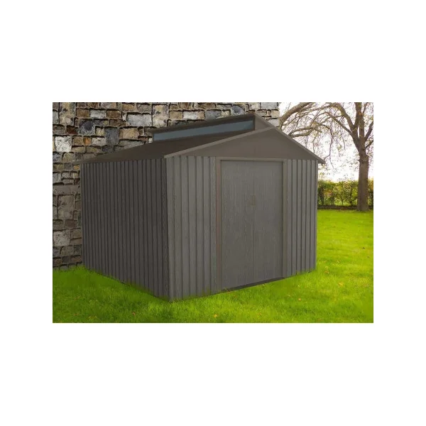 Abri de jardin en métal 7,30m² imitation bois avec puis de lumière + kit ancrage Abri jardin métallique rangement bois