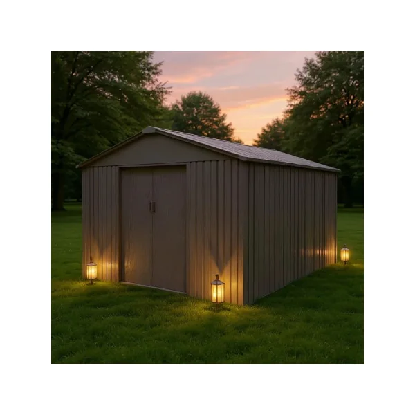 Abri de jardin en métal 9,70m² imitation bois + kit ancrage Abri jardin métallique rangement bois