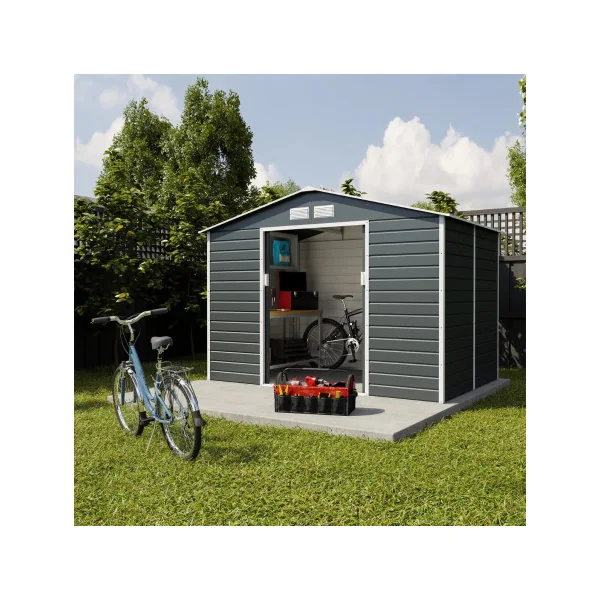 Abri de jardin en métal anthracite 5,29m² + kit ancrage Abri jardin métallique rangement bois outillage de jardin