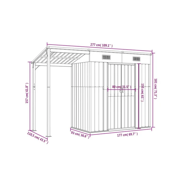 Abri de jardin en Métal Anthracite + Auvent Abri métallique de rangement