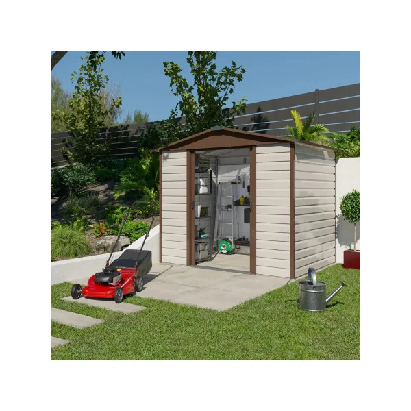 Abri de jardin en métal châtaigne et marron 4,79m² + kit ancrage Abri jardin métallique rangement bois outillage de jardin