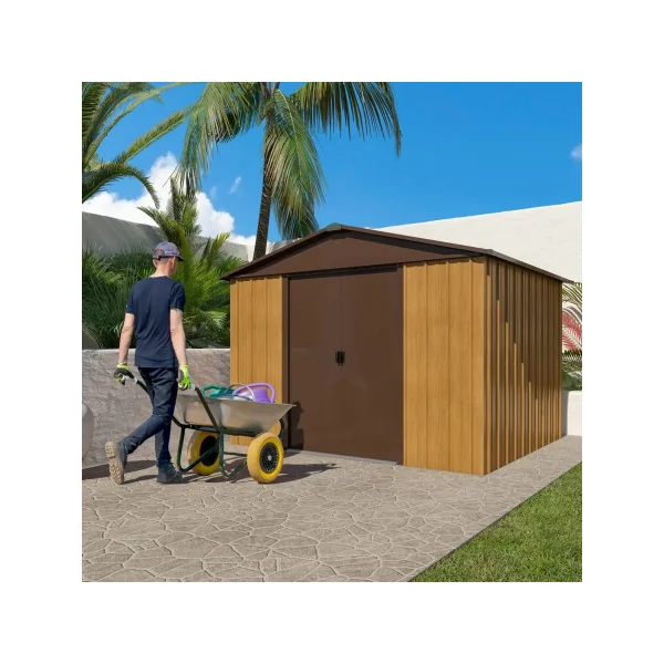 Abri de jardin en métal imitation bois 5,96m² + kit ancrage Abri jardin métallique rangement bois outillage de jardin