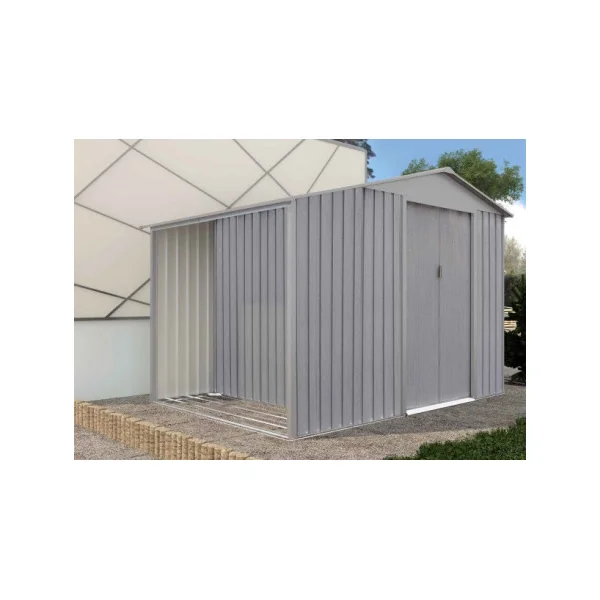 Abri de jardin en métal imitation bois avec bucher 5,3m² + kit ancrage Abri jardin métallique rangement bois