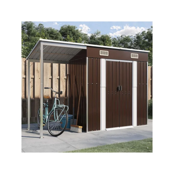 Abri de jardin en Métal Marron + Auvent Abri métallique de rangement