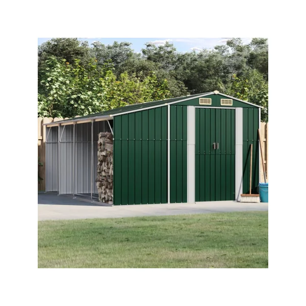Abri de jardin en Métal Vert 10,12m² + Bûcher Abri Métallique de rangement
