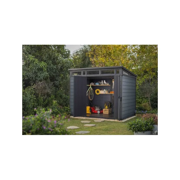 Abri de jardin monopente 6m² en résine gris et noir + plancher Abri jardin résine rangement bois