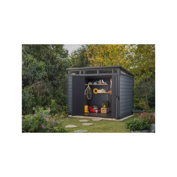 Abri de jardin monopente 6m² en résine gris et noir + plancher Abri jardin résine rangement bois
