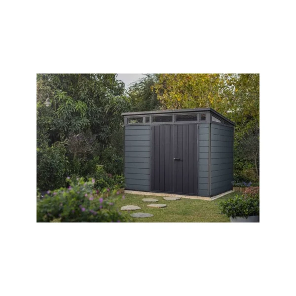 Abri de jardin monopente 6m² en résine gris et noir + plancher Abri jardin résine rangement bois