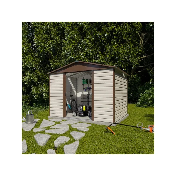 Abri jardin métal chocolat et chataigne 7,18 m² + kit ancrage Abri jardin métallique rangement bois