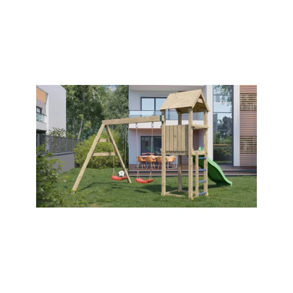Aire de jeu extérieure pour enfant avec toboggan et 2 balançoires