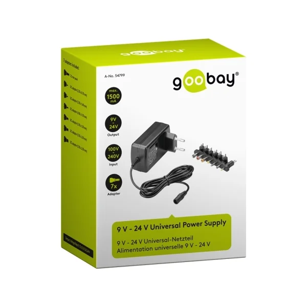 Alimentation universelle 9 V - 24 V avec 7 adaptateur DC - max. 24 W et 1,5 A