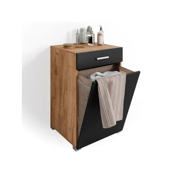 Armoire avec panier à linge intégré Chêne artisan et anthracite Armoire salle de bain linge sale Corbeille linge encastrée