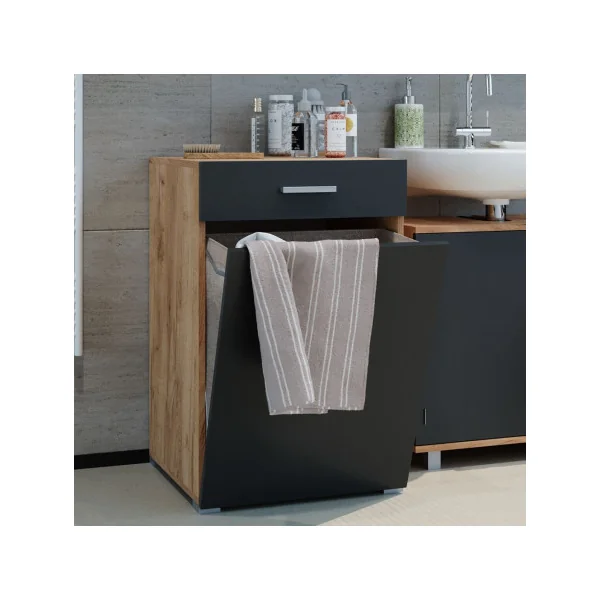 Armoire avec panier à linge intégré Chêne artisan et anthracite Armoire salle de bain linge sale Corbeille linge encastrée