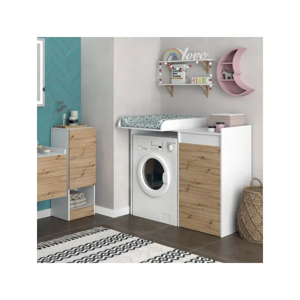Armoire Basse Lave Linge Blanche et Chêne Armoire machine à laver Armoire Salle de Bain avec 4 Tiroirs