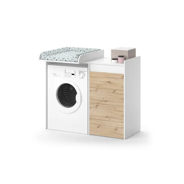 Armoire Basse Lave Linge Blanche et Chêne Armoire machine à laver Armoire Salle de Bain avec 4 Tiroirs