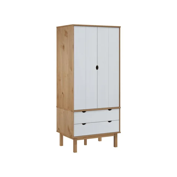Armoire Blanche Pin Massif Dressing 2 Portes 2 Tiroirs Garde-robe Penderie Chambre