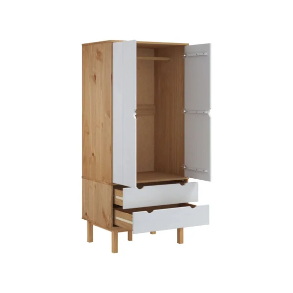 Armoire Blanche Pin Massif Dressing 2 Portes 2 Tiroirs Garde-robe Penderie Chambre