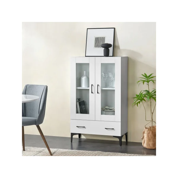 Armoire de Salon vitrine Blanc avec 2 Portes 1 Tiroir Meuble Vitrine 2 étagères