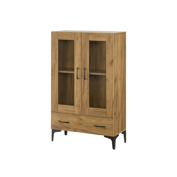 Armoire de Salon vitrine Chêne avec 2 Portes 1 Tiroir Meuble Vitrine 2 étagères
