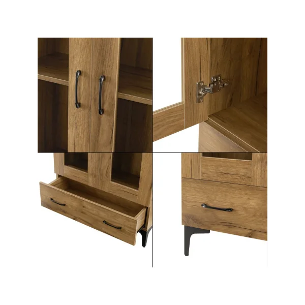 Armoire de Salon vitrine Chêne avec 2 Portes 1 Tiroir Meuble Vitrine 2 étagères