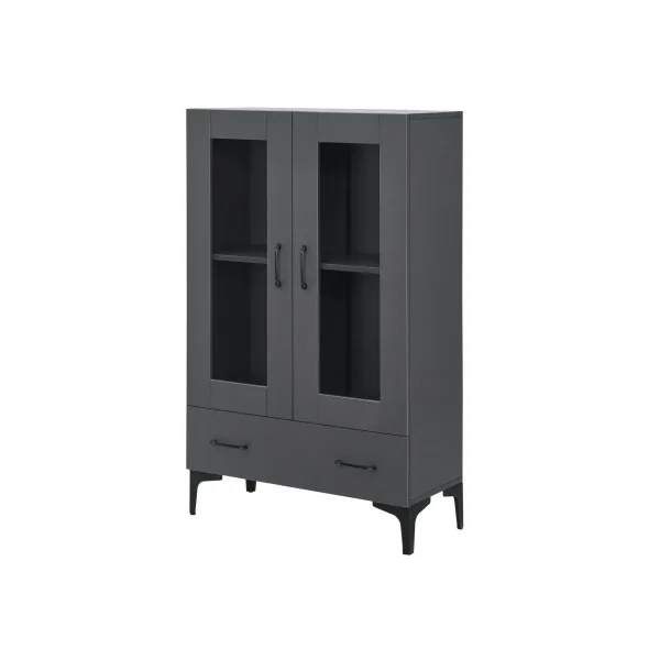 Armoire de Salon vitrine Grise avec 2 Portes 1 Tiroir Meuble Vitrine 2 étagères