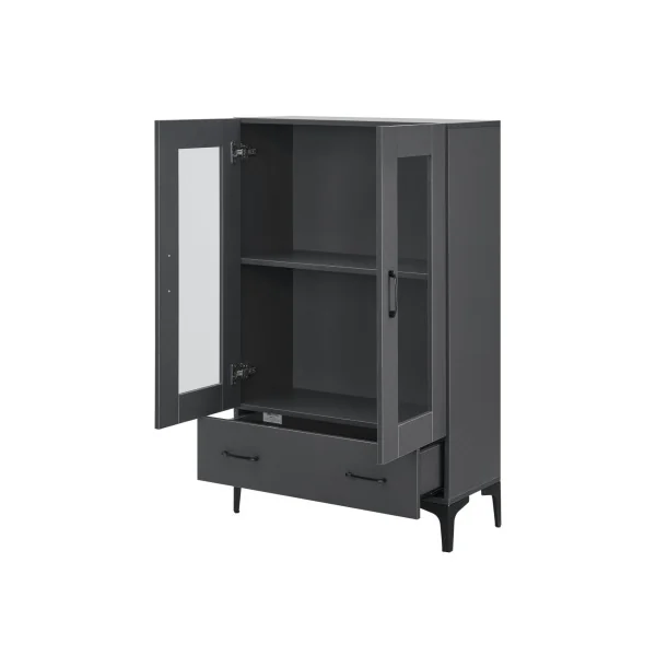 Armoire de Salon vitrine Grise avec 2 Portes 1 Tiroir Meuble Vitrine 2 étagères