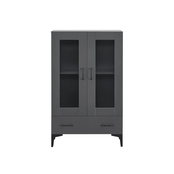 Armoire de Salon vitrine Grise avec 2 Portes 1 Tiroir Meuble Vitrine 2 étagères