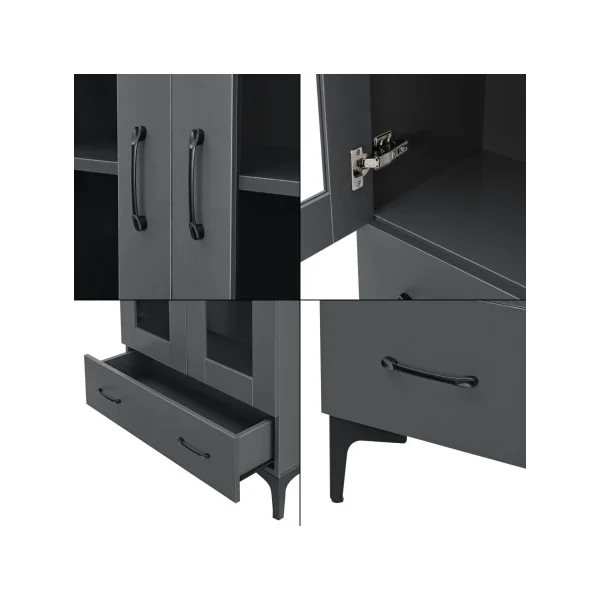 Armoire de Salon vitrine Grise avec 2 Portes 1 Tiroir Meuble Vitrine 2 étagères