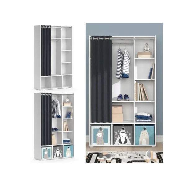 Armoire enfant blanche avec rangement et rideau noir dressing ouvert penderie chambre enfant