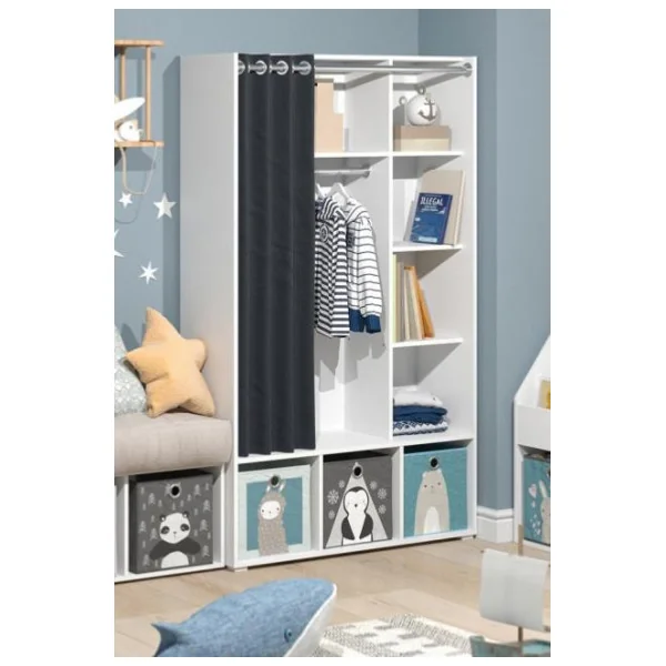 Armoire enfant blanche avec rangement et rideau noir dressing ouvert penderie chambre enfant