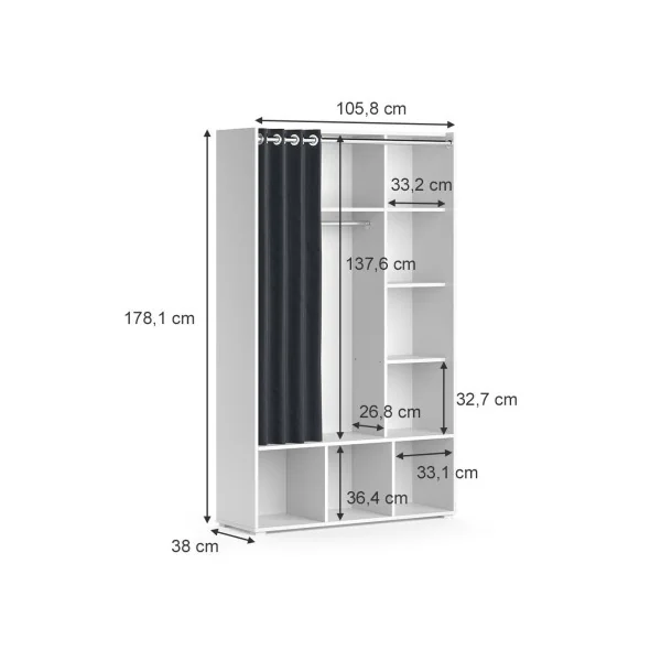 Armoire enfant blanche avec rangement et rideau noir dressing ouvert penderie chambre enfant