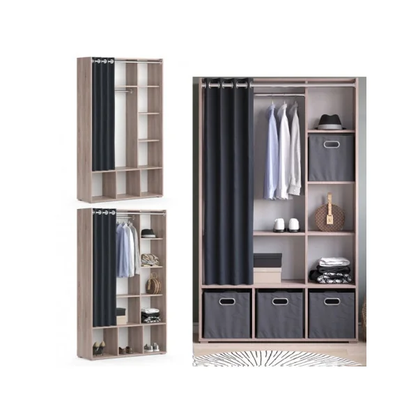 Armoire enfant chêne avec rangement et rideau noir dressing ouvert penderie chambre enfant