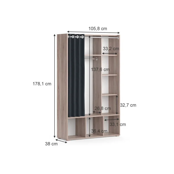 Armoire enfant chêne avec rangement et rideau noir dressing ouvert penderie chambre enfant