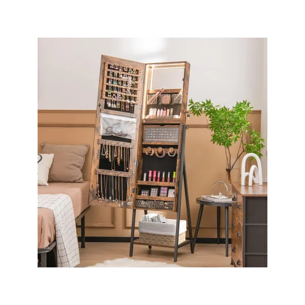 Armoire à Bijoux LED Brun Rustique et Noir Meuble à bijoux Présentoir bijoux avec miroir