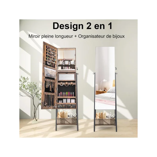 Armoire à Bijoux LED Brun Rustique et Noir Meuble à bijoux Présentoir bijoux avec miroir