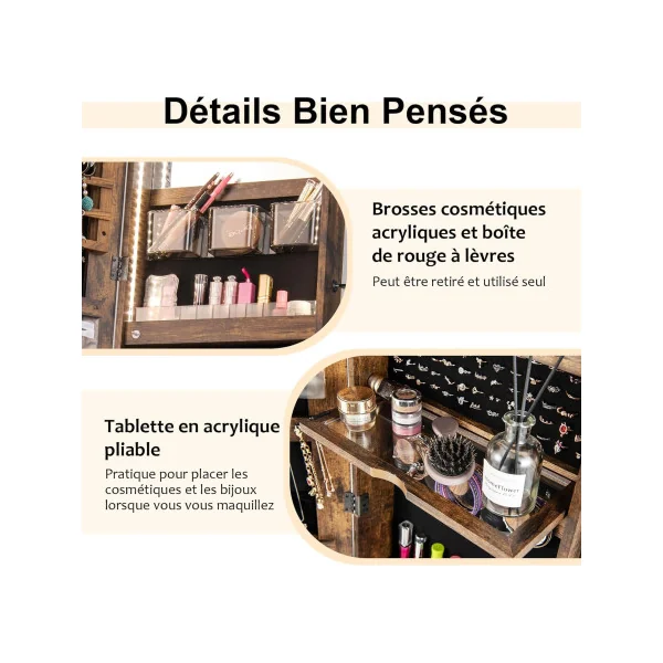 Armoire à Bijoux LED Brun Rustique et Noir Meuble à bijoux Présentoir bijoux avec miroir