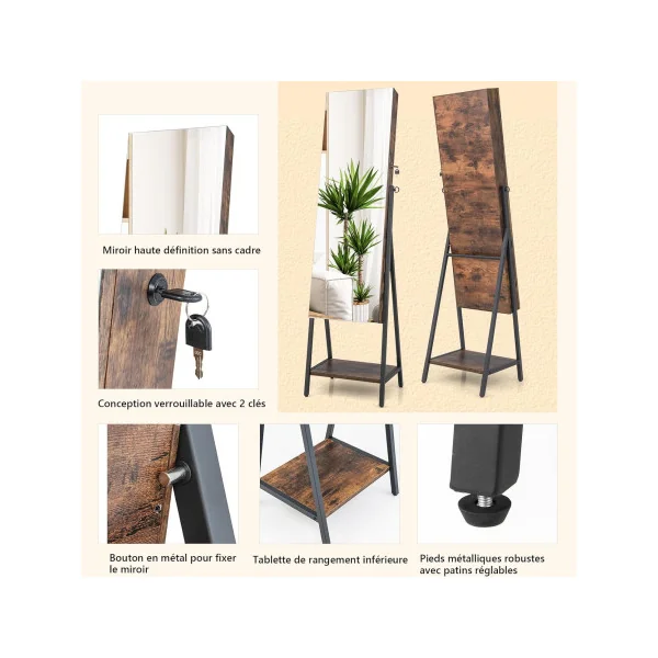 Armoire à Bijoux LED Brun Rustique et Noir Meuble à bijoux Présentoir bijoux avec miroir
