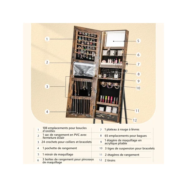 Armoire à Bijoux LED Brun Rustique et Noir Meuble à bijoux Présentoir bijoux avec miroir