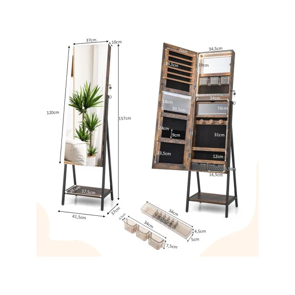 Armoire à Bijoux LED Brun Rustique et Noir Meuble à bijoux Présentoir bijoux avec miroir