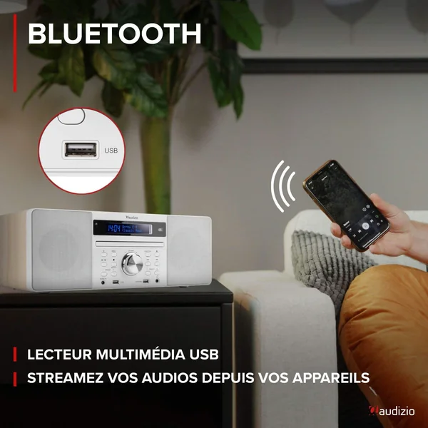 Audizio Prato Radio DAB+ et Lecteur CD avec Technologie sans Fil Bluetooth - Blanc