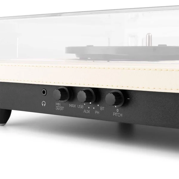 Audizio RP113C Platine Vinyle Cuir Bluetooth avec Haut-Parleurs Intégrés - Cuir Double Piqure Blanc Crème