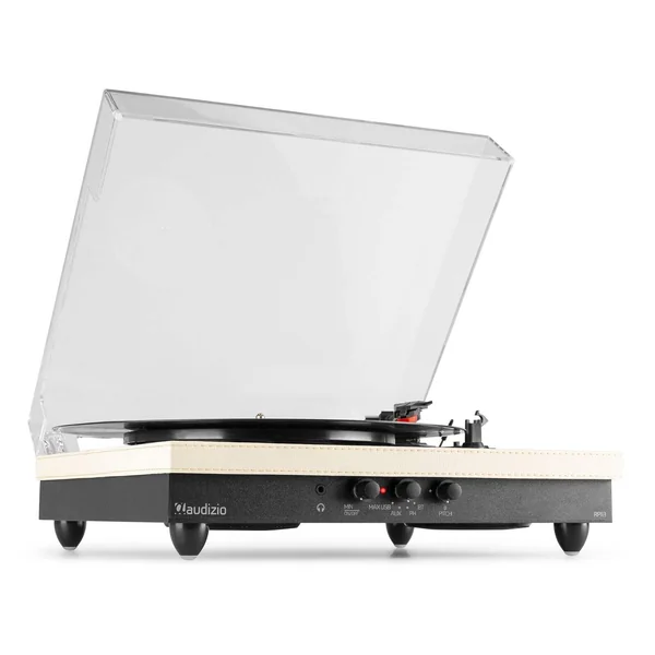 Audizio RP113C Platine Vinyle Cuir Bluetooth avec Haut-Parleurs Intégrés - Cuir Double Piqure Blanc Crème