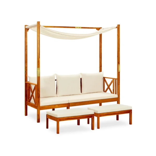 Banc de jardin en acacia massif avec reposes pieds Banc jardin avec auvant crème